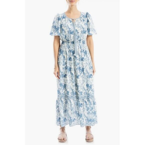 💕MAX STUDIO💕Bubble Sleeve Tiered Maxi Dress ~ Cream/Blue Bird Toile Large NWT - Picture 2 of 16